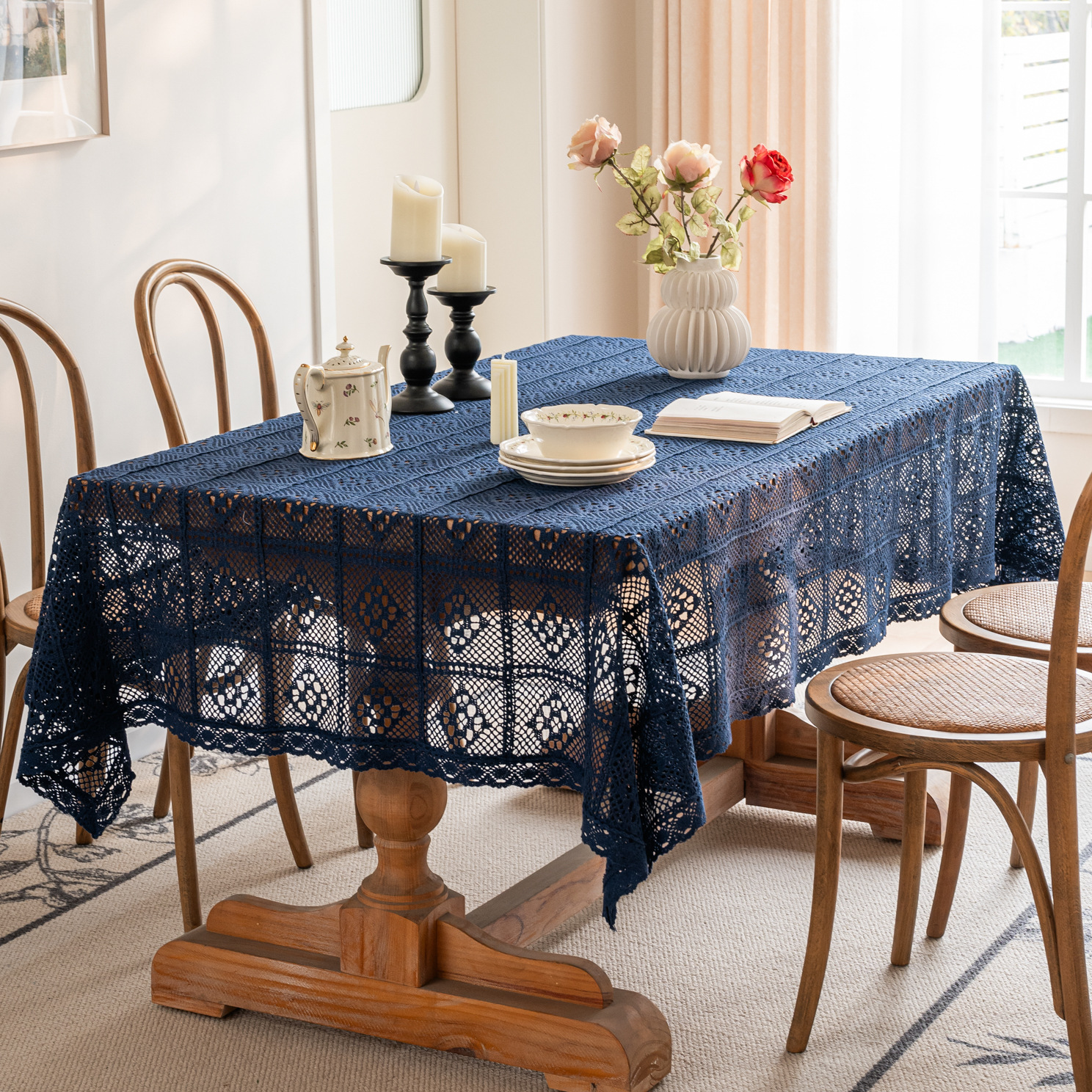 Cross-border hollowed-out hidden deep blue tablecloth, retro crochet photo art book, personalized cotton thread woven tablecloth cover pic 1