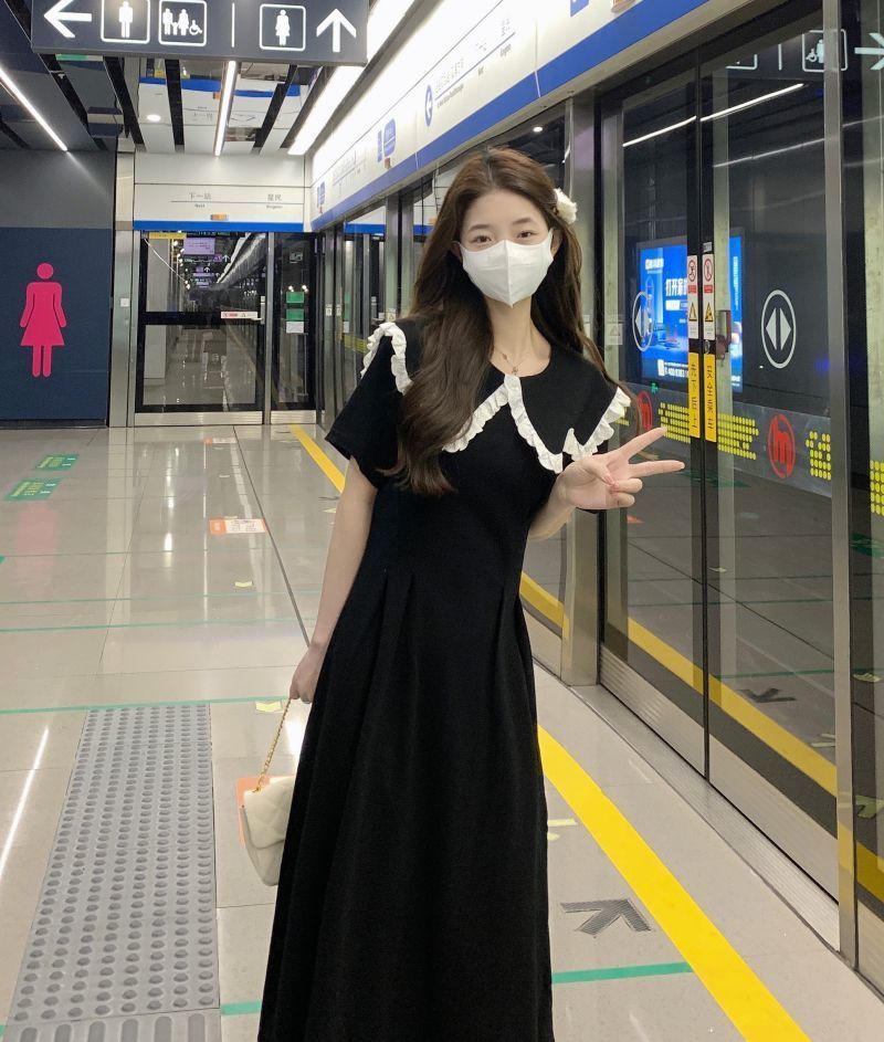 法式减龄娃娃领连衣裙大码夏装胖妹妹显瘦遮肉赫本风气质黑色长裙详情6