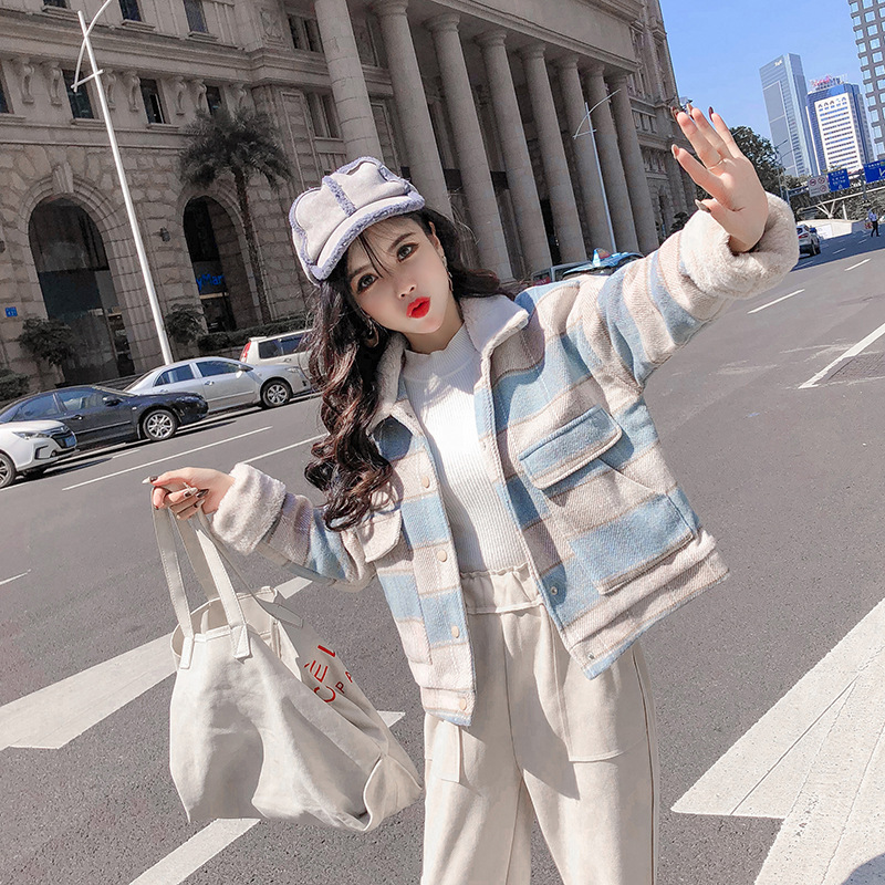New loose checkered thickened windbreaker, short and versatile woolen coat for petite people pic 14
