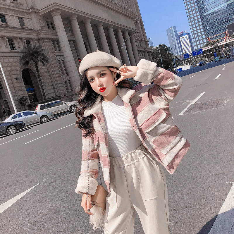 New loose checkered thickened windbreaker, short and versatile woolen coat for petite people pic 4