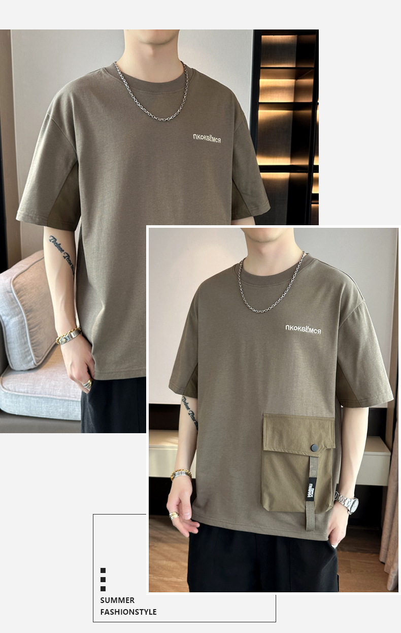 2024 Summer new short-sleeved T-shirt, thin, simple pocket, round neck, fashionable and trendy brand clothing, cool loose top pic 20