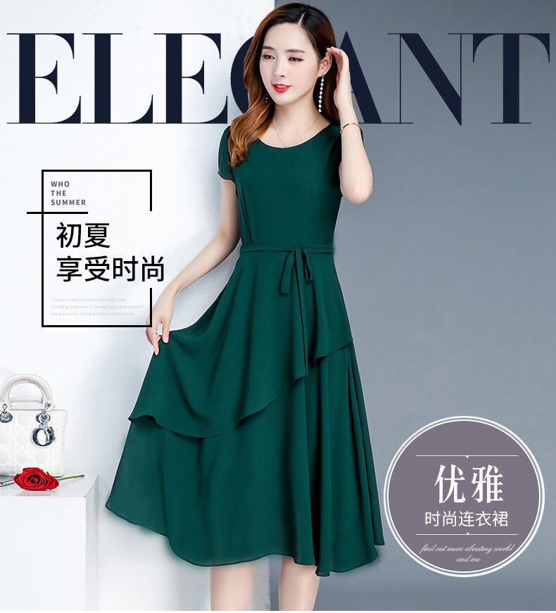 2020新款夏季高端收腰显瘦减龄气质中长款圆领大码女装连衣裙外贸详情1