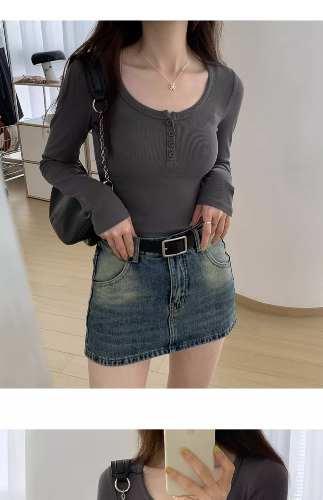 白色长袖t恤女2023秋装新款女装内搭上衣正肩体恤螺纹V领打底衫详情18