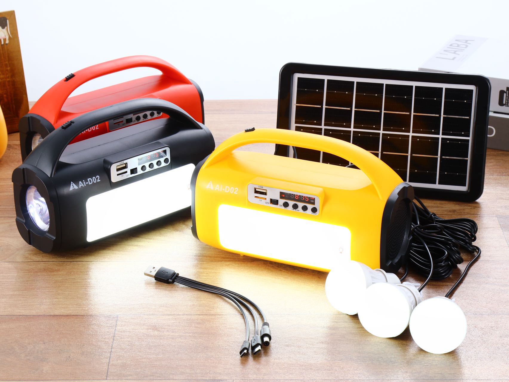 Solar-powered Bluetooth speaker lighting power generation system, card-inserting USB flash drive audio receiver, external three bulbs, mobile phone emergency charging pic 15