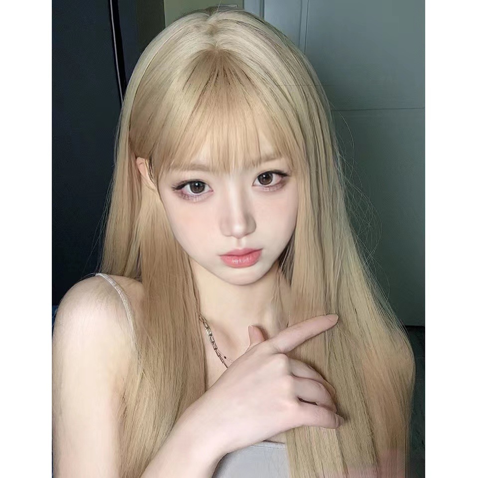 The bangs of the Internet celebrity, pure desire style, black long straight hair natural wig, female full head set, white and gold wig, long straight hair Barbie pic 7