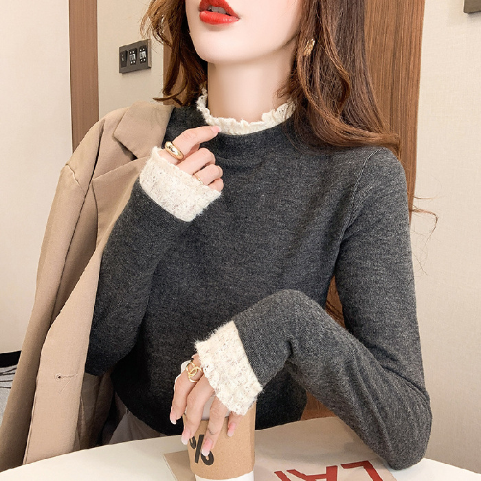 Lace semi-high neck fleece base layer shirt for women, versatile for autumn and winter 2022 new style fleece long-sleeved stylish inner layer top pic 15