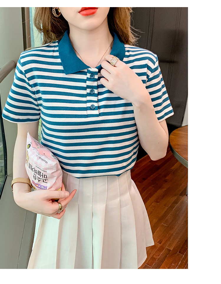 Verano coreano versión rayas mujer commuter patchwork color polo cuello manga corta camiseta mujer diseño sentido moda legging pic 18