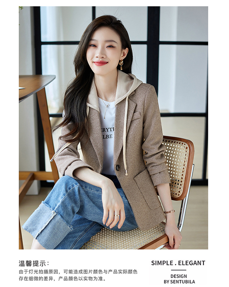 休闲假两件连帽西装外套女式春秋新款韩版高级格纹设计感西服上衣详情16