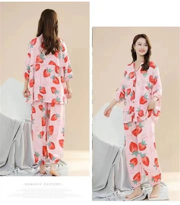 春夏新款棉绸睡衣套装女士七分袖大码宽松空调服家居服两件套详情17