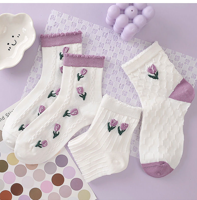 郁金香袜子女秋冬季中筒袜百搭甜美ins潮学院风女袜可爱长袜批发详情2