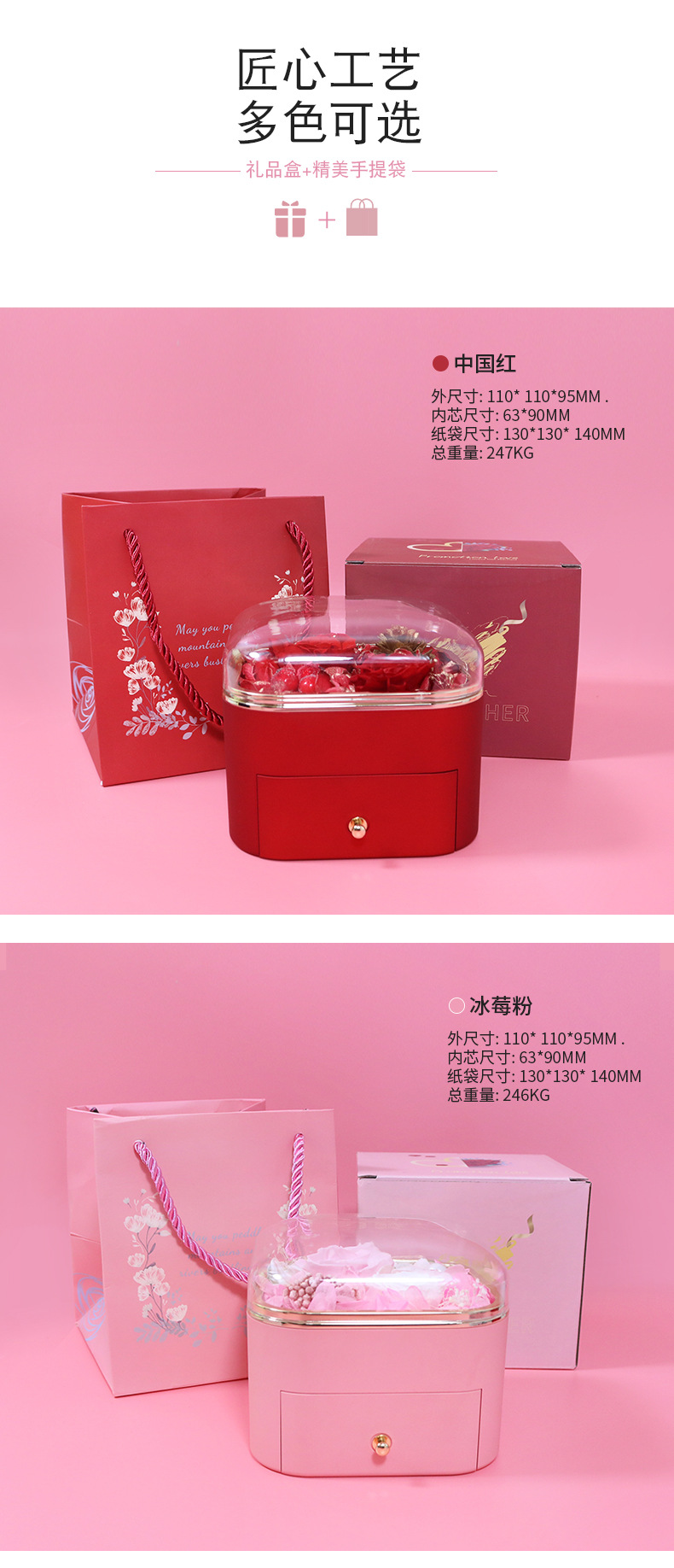 New round corner paint preserved flower gift box, rose real flower necklace, jewelry box, high-transparency acrylic rose pic 6