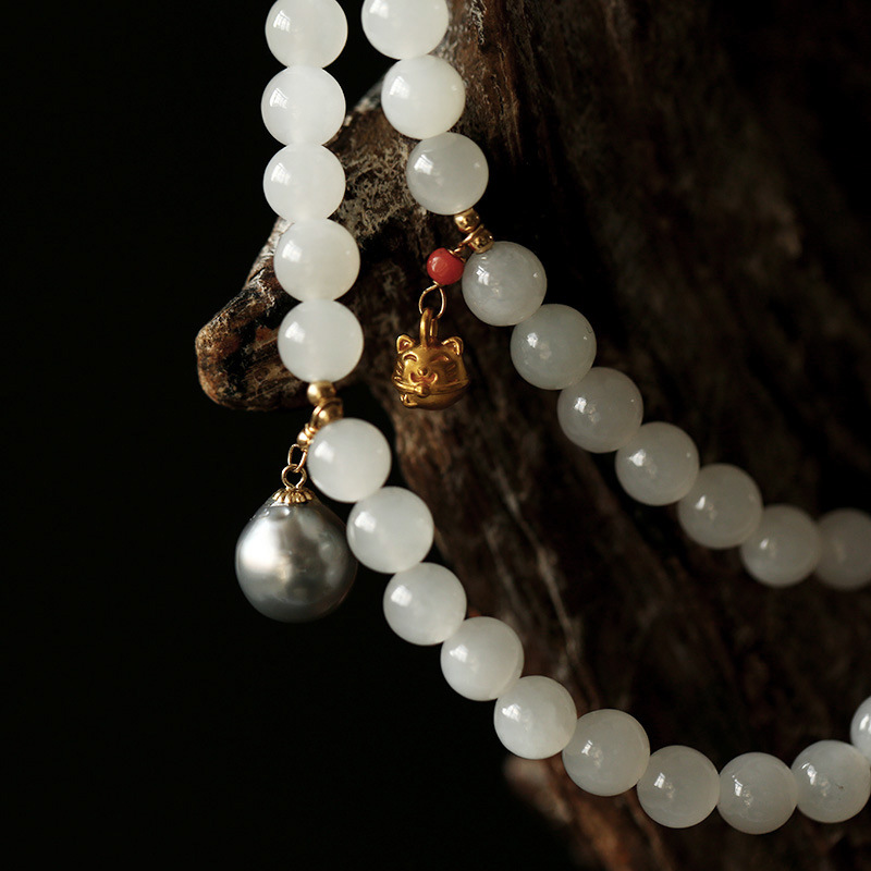 999 999 999 999 999 999 pure gold bell gold coin, natural Hetian jade, three-circle bracelet, jade black pearl, 18K gold diy for women pic 11