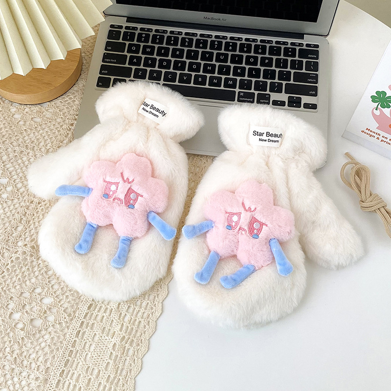 可爱卡通星星手套少女心加厚毛茸茸冬季加绒保暖连指骑车开车围巾详情13