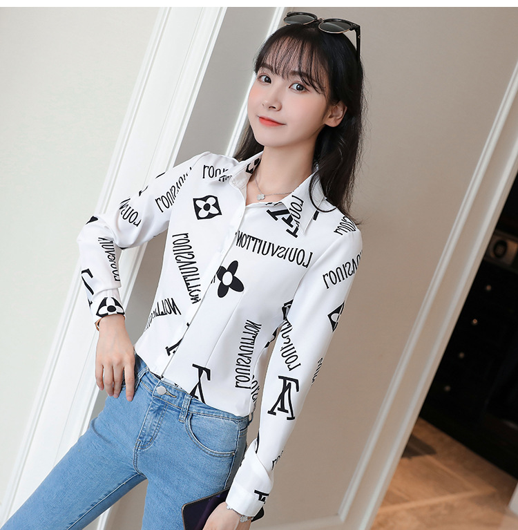 New spring and autumn Korean-style slim-fit shirt for women, long-sleeved printed striped trendy base layer, Hong Kong-style top for women pic 37