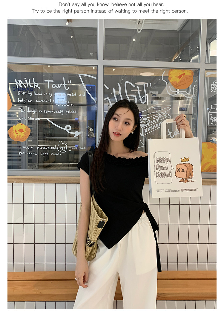 爱西里2025夏季减龄甜美拼木耳花边斜肩下摆不规则短袖T恤女13835详情32