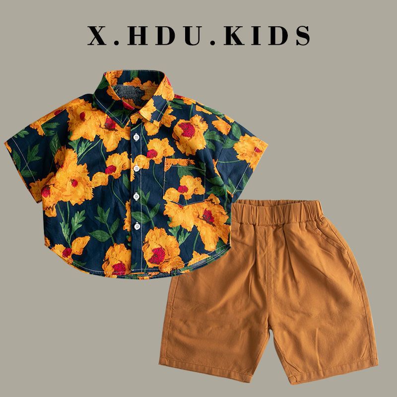 A new short-sleeved Hong Kong-style floral print shirt set for children and boys in 2024, a two-piece summer outfit pic 1
