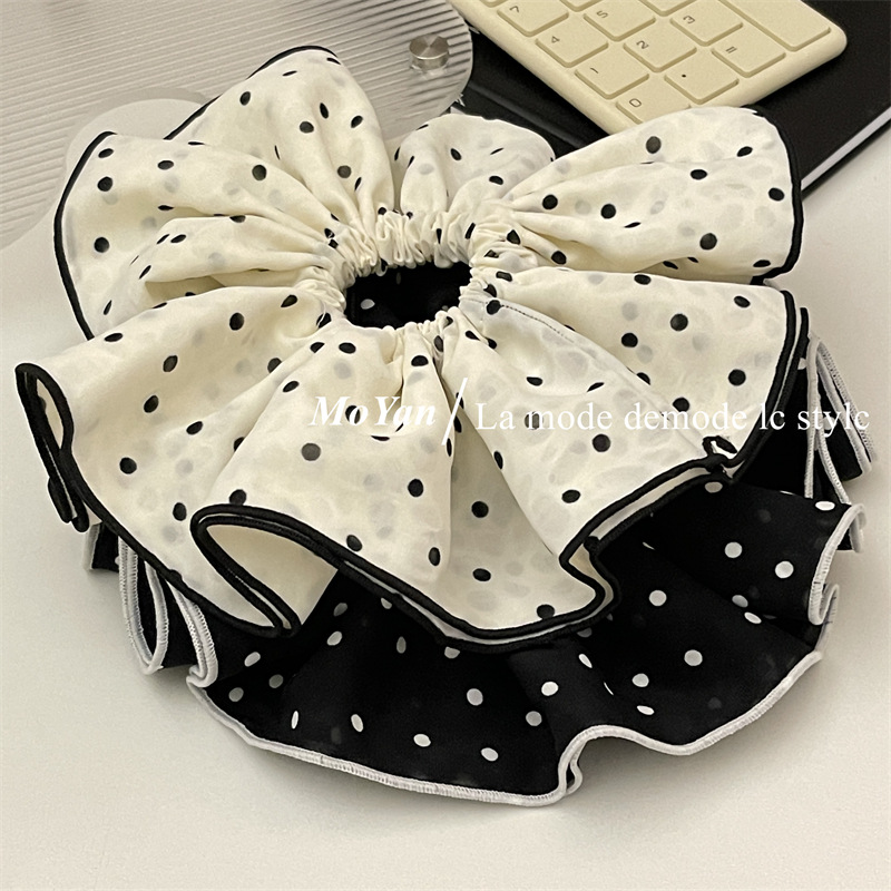 Double-layer white large polka dot large intestine hair band, elegant retro edge hair tie, French simple and elegant hair flower hair tie pic 19