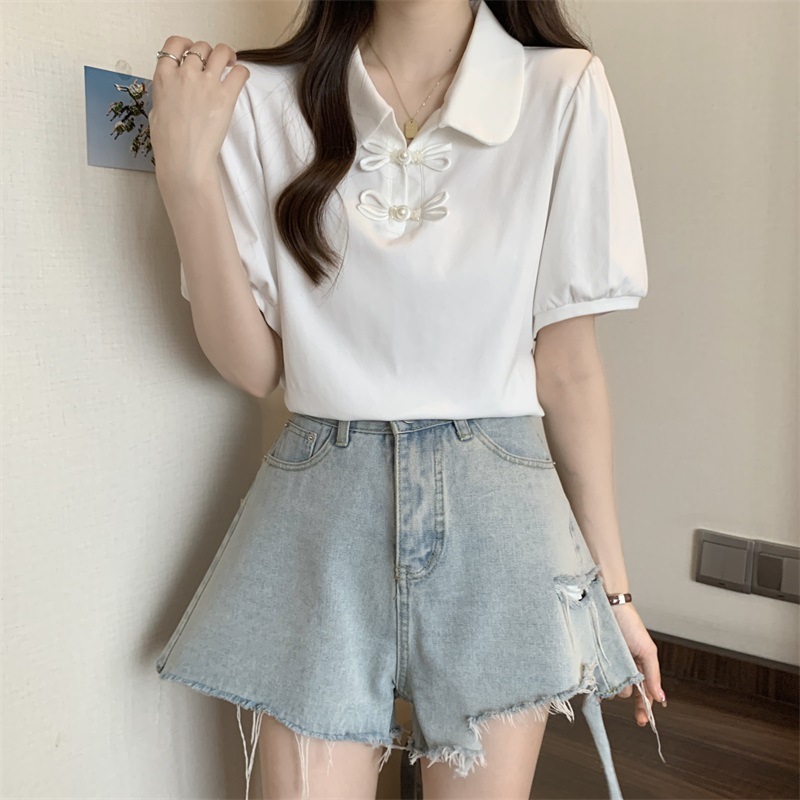 正肩Polo领短袖T恤女夏季大码胖mm显瘦新中式国风上衣泡泡袖小衫详情10