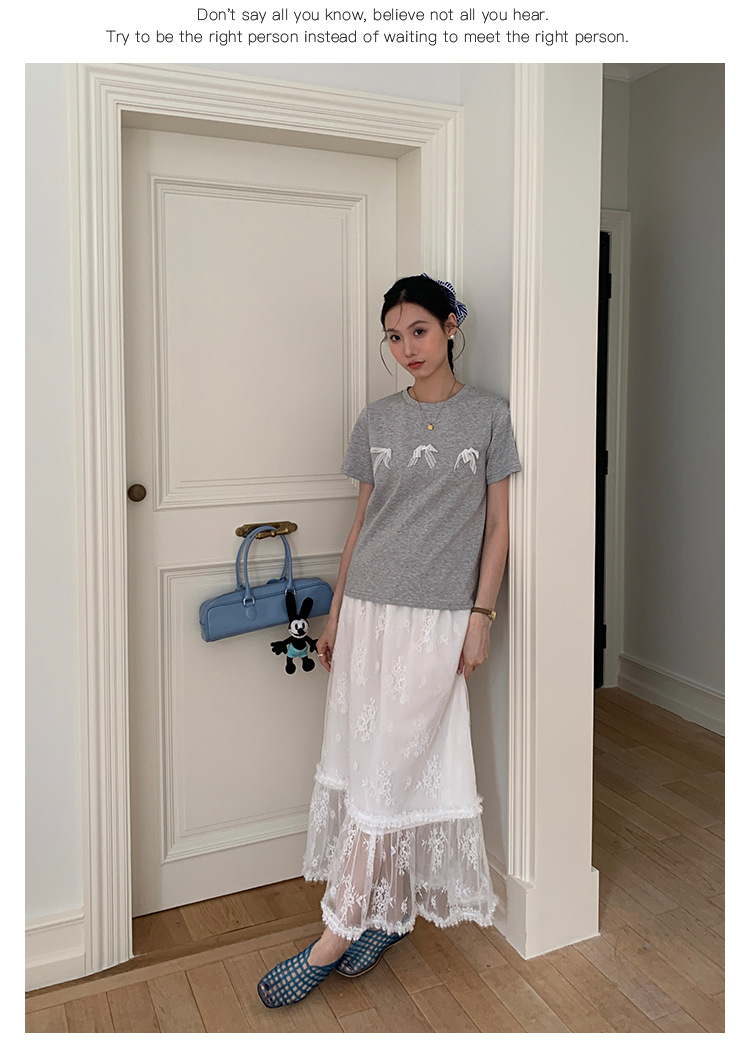 Aisili 2025 Spring Korean ballet-style lace bow design Versatile short-sleeved T-shirt for women 13316 pic 26