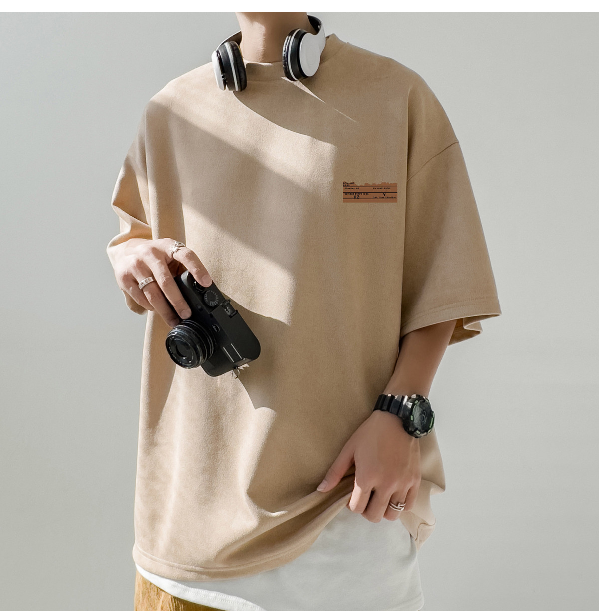 简恒咖色重磅美式复古男士短袖t恤夏季男款百搭仿麂皮绒定制T恤潮详情21