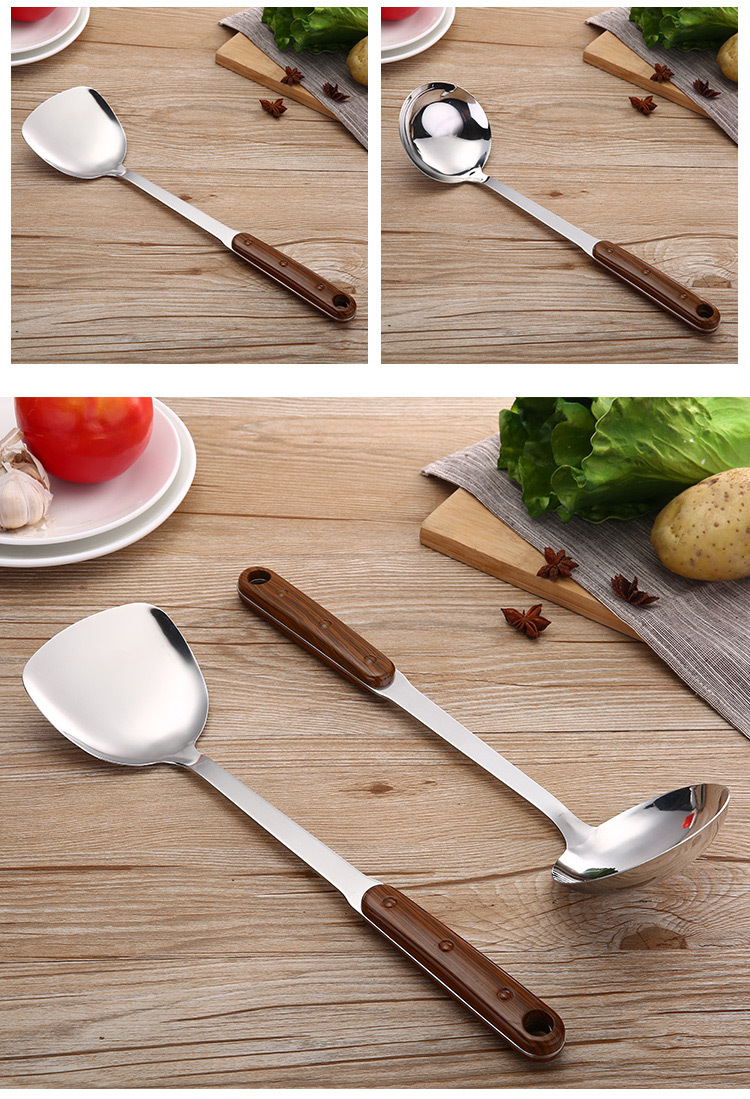 Chaosheng Hardware 201 Non-magnetic Stainless Steel 3-millimeter plastic handle wood-grain imitation cooking spatula, soup spoon and kitchenware set pic 8