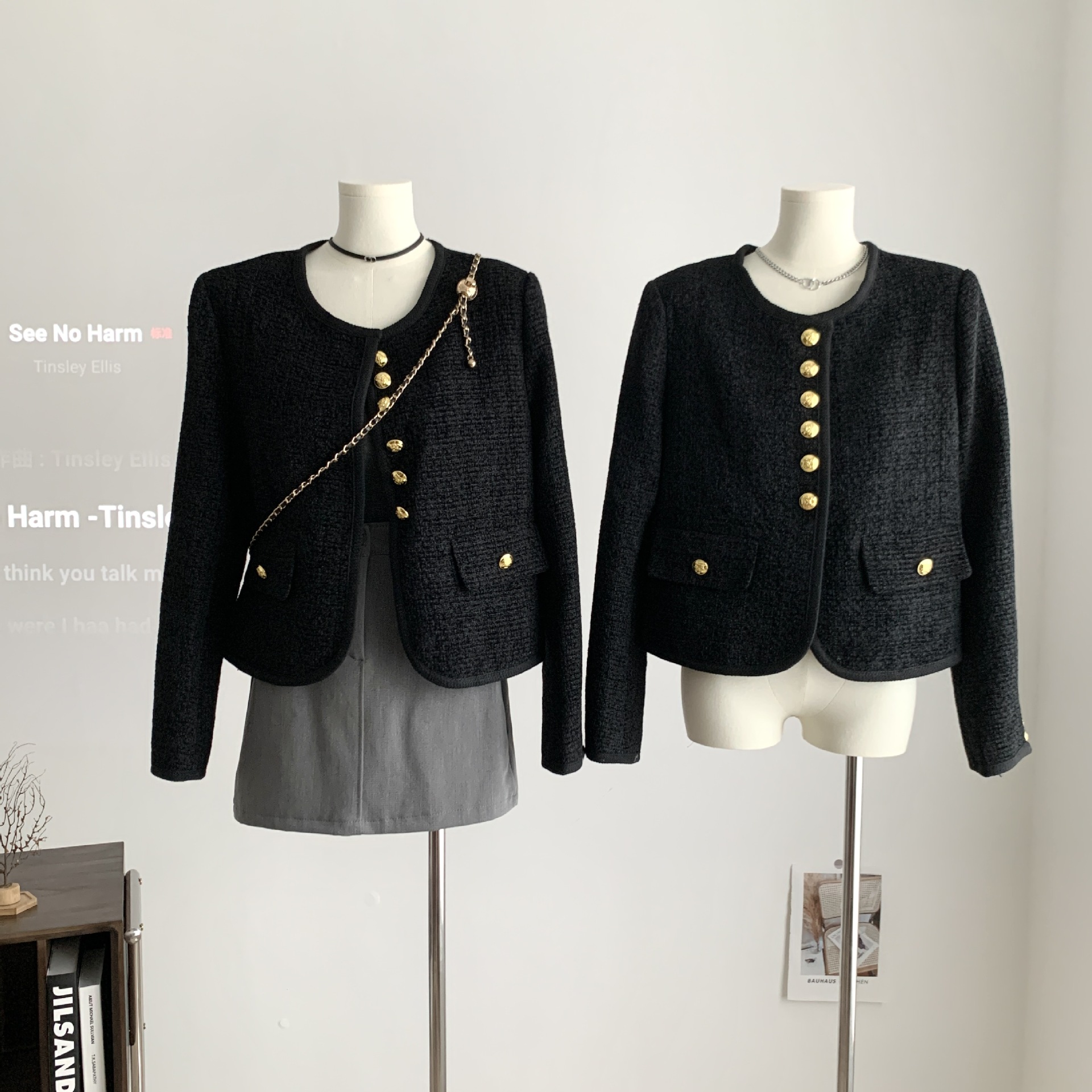 同款~黑色小香风短外套女23秋冬新款粗花呢六扣双口袋详情40