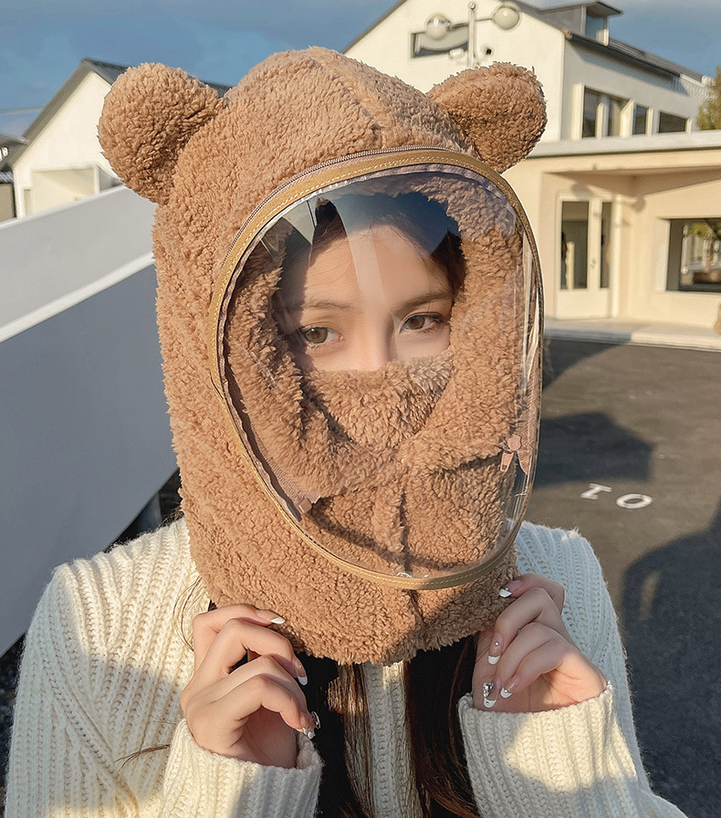 防风帽子带面罩女冬季骑车围脖一体帽加厚保暖护耳可爱小熊套头帽详情14