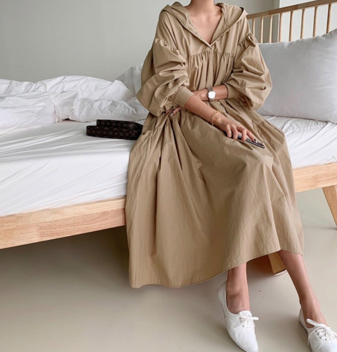 跨境货源女装韩版新品chic连帽宽松长款连衣裙大码休闲衬衣长裙详情6