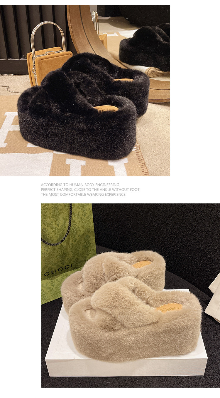 7cm厚底交叉毛毛拖鞋2024秋冬新款韩版时尚百搭保暖毛绒棉拖鞋女详情6
