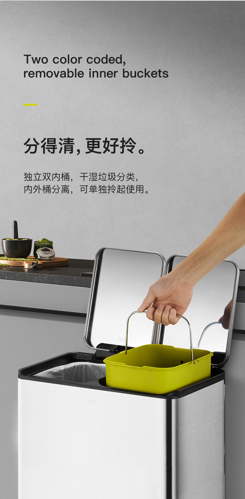 EKO kitchen classified trash can, household dry and wet separated stainless steel foot pedal, living room double bucket with lid foot pedal, large size pic 3