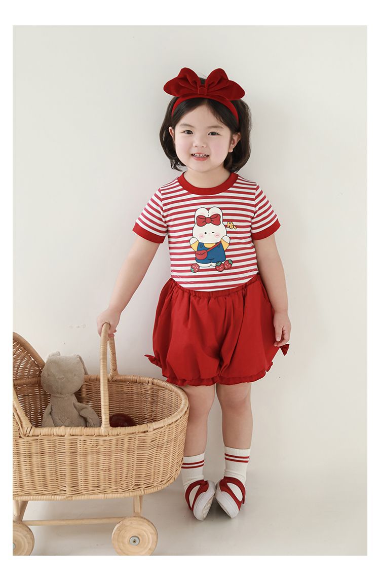 吾里卜一 女童小兔印花半袖T恤2024夏季儿童甜美可爱撞色短袖体恤详情36