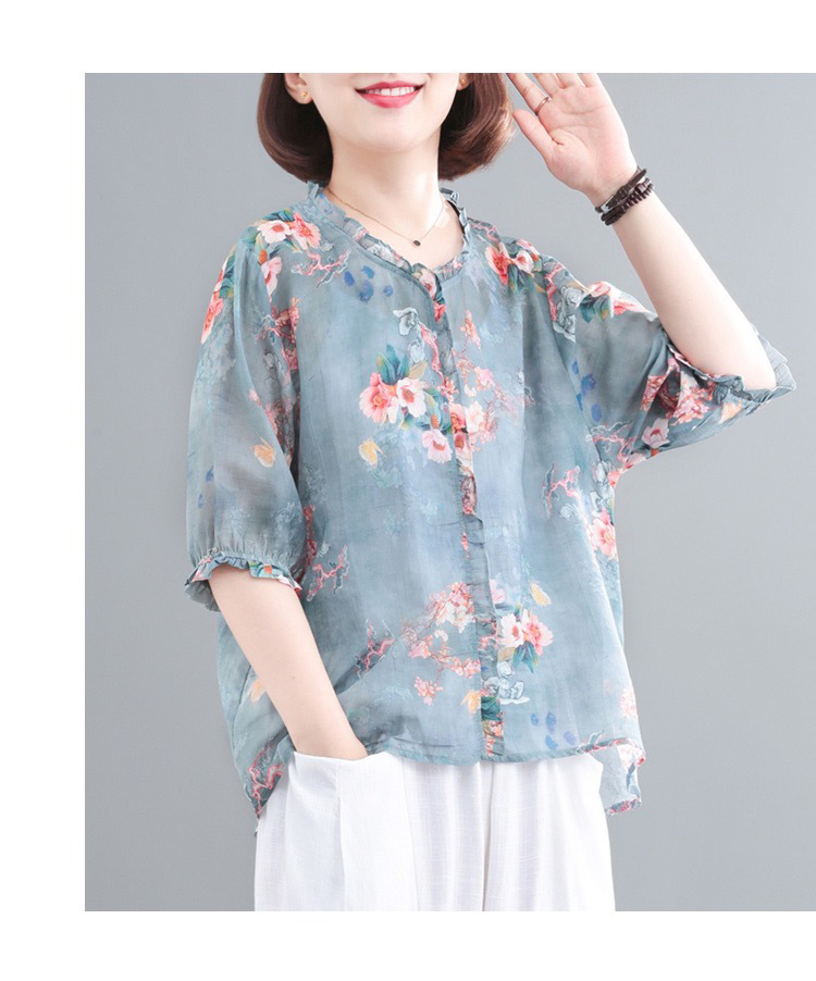 2023春夏新款韩版时尚气质大码1减龄印花复古洋气棉麻短袖T恤女装详情5