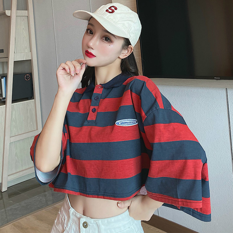 Real photos of Japanese-style retro polo shirts for women in summer, short-sleeved loose Hong Kong-style half-sleeved T-shirts, and summer tops pic 7
