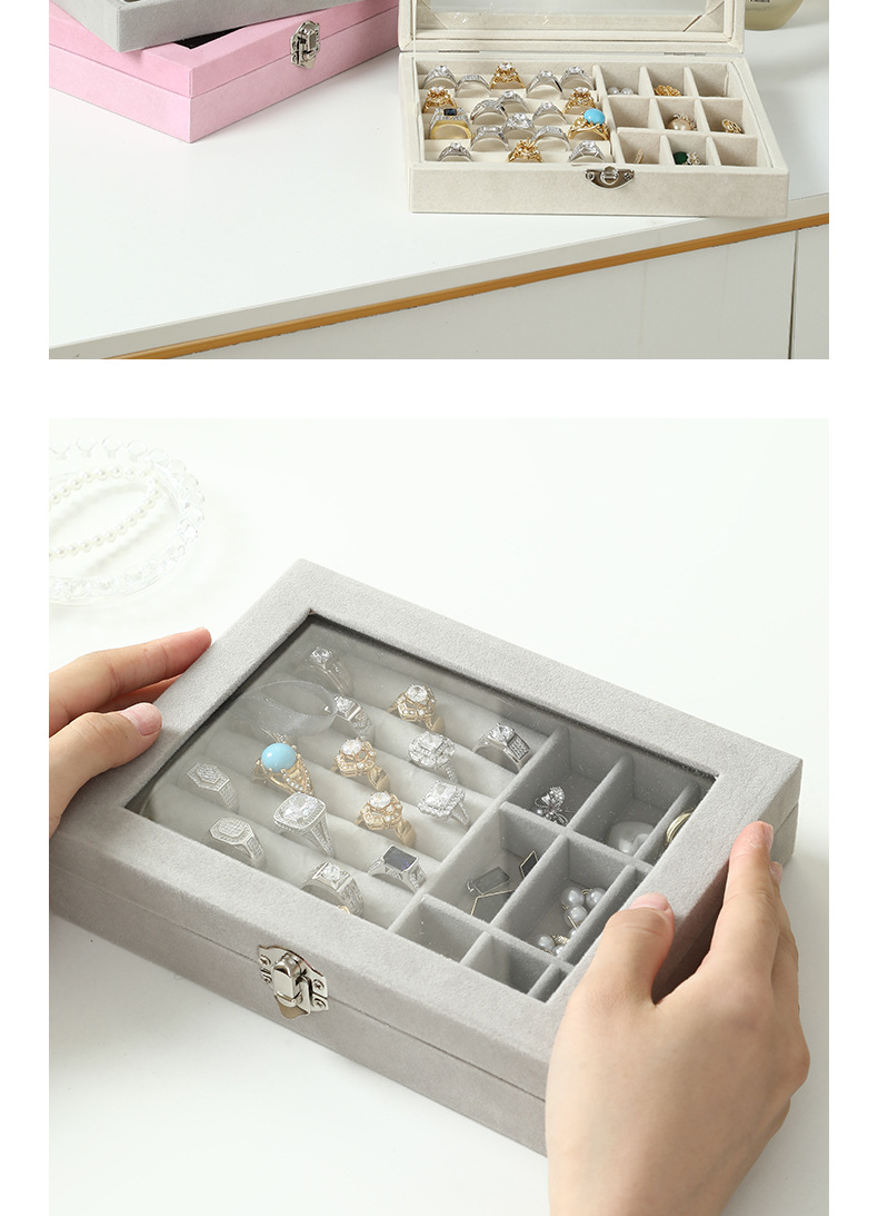 Exquisite grey jewelry storage box, velvet jewelry box, home jewelry, watch, earrings and ring packaging box pic 24