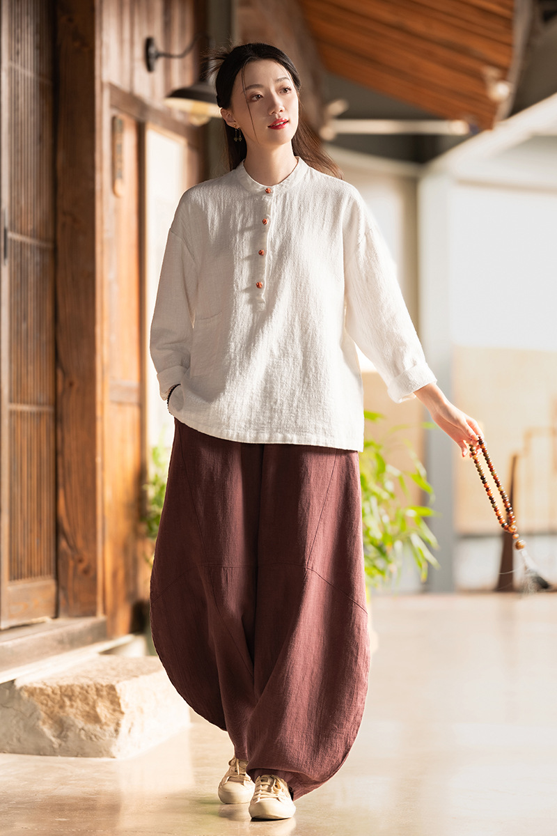 2024春夏棉麻女装新品亚麻立领拼色盘扣套头大码上衣女式棉麻衬衫详情42
