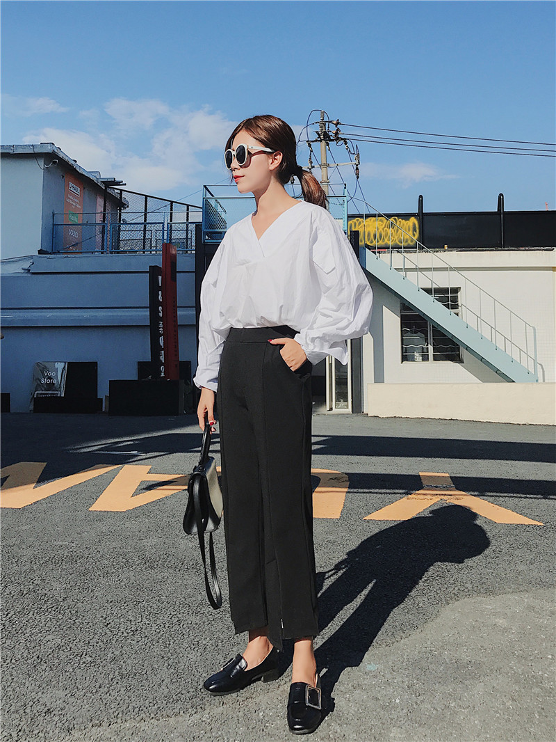 High-waisted, letter-printed black, slightly flared, fashionable, slit straight 9-inch casual pants pic 4