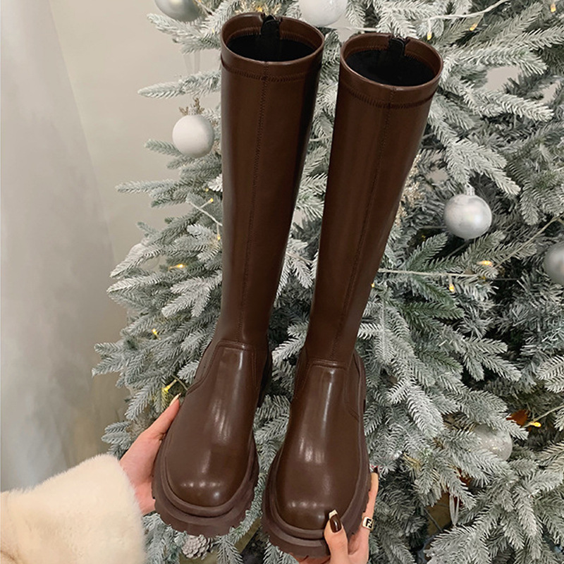 2024秋冬新款厚底小个子长筒靴弹力骑士靴女真皮高筒靴详情6