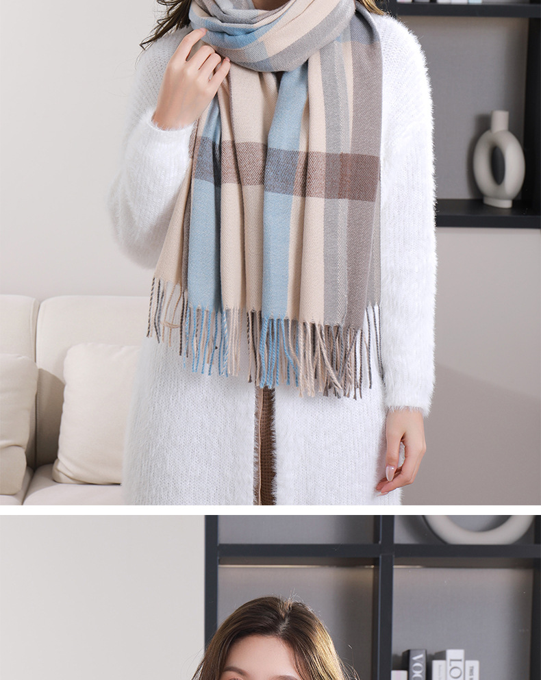 外贸韩版大直条格子围巾秋冬季新款学生百搭仿羊绒流苏围脖女披肩详情20