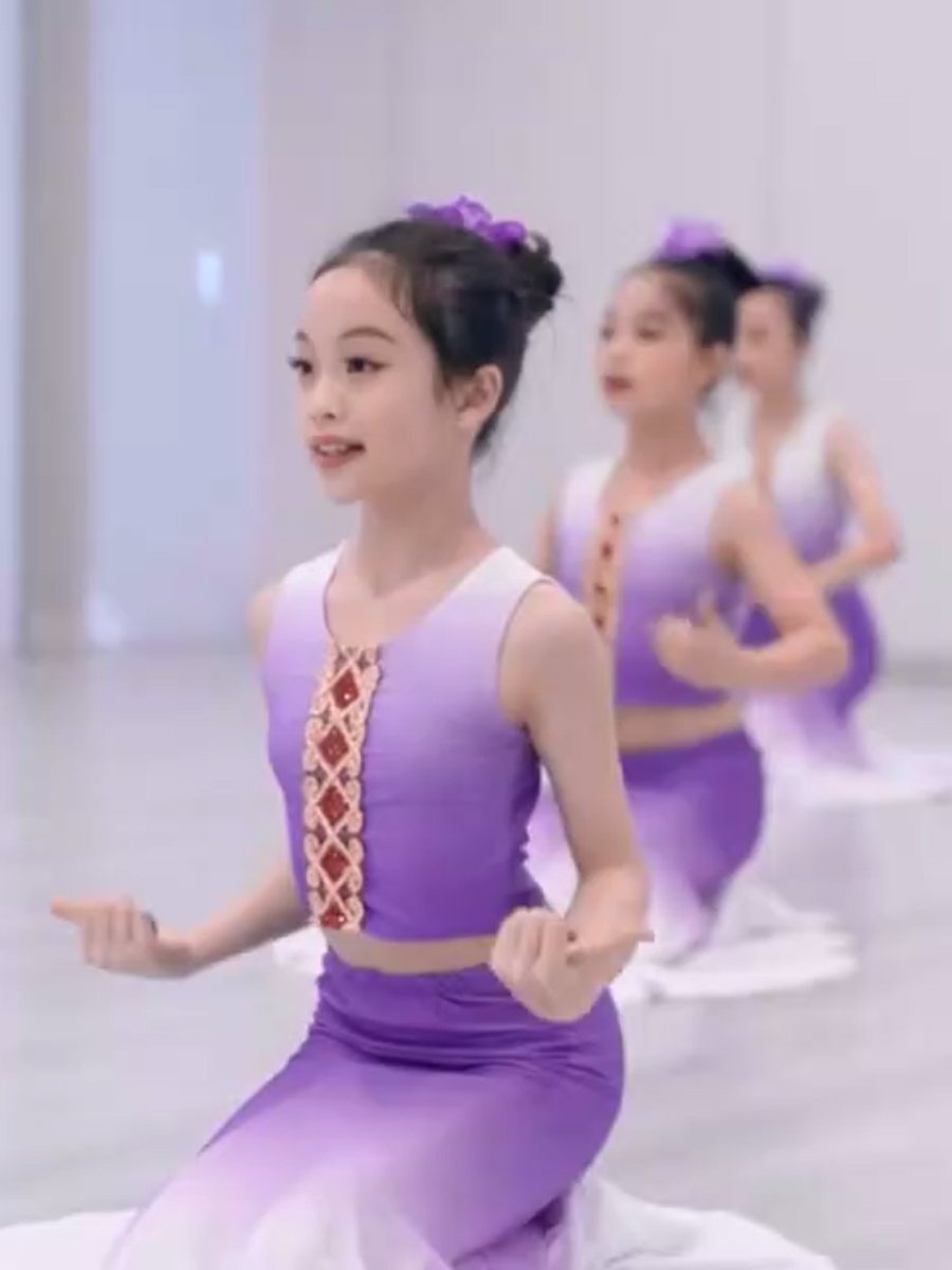 儿童傣族花儿舞蹈演出服装孔雀舞表演服艺考渐变修身鱼尾裙女童详情54