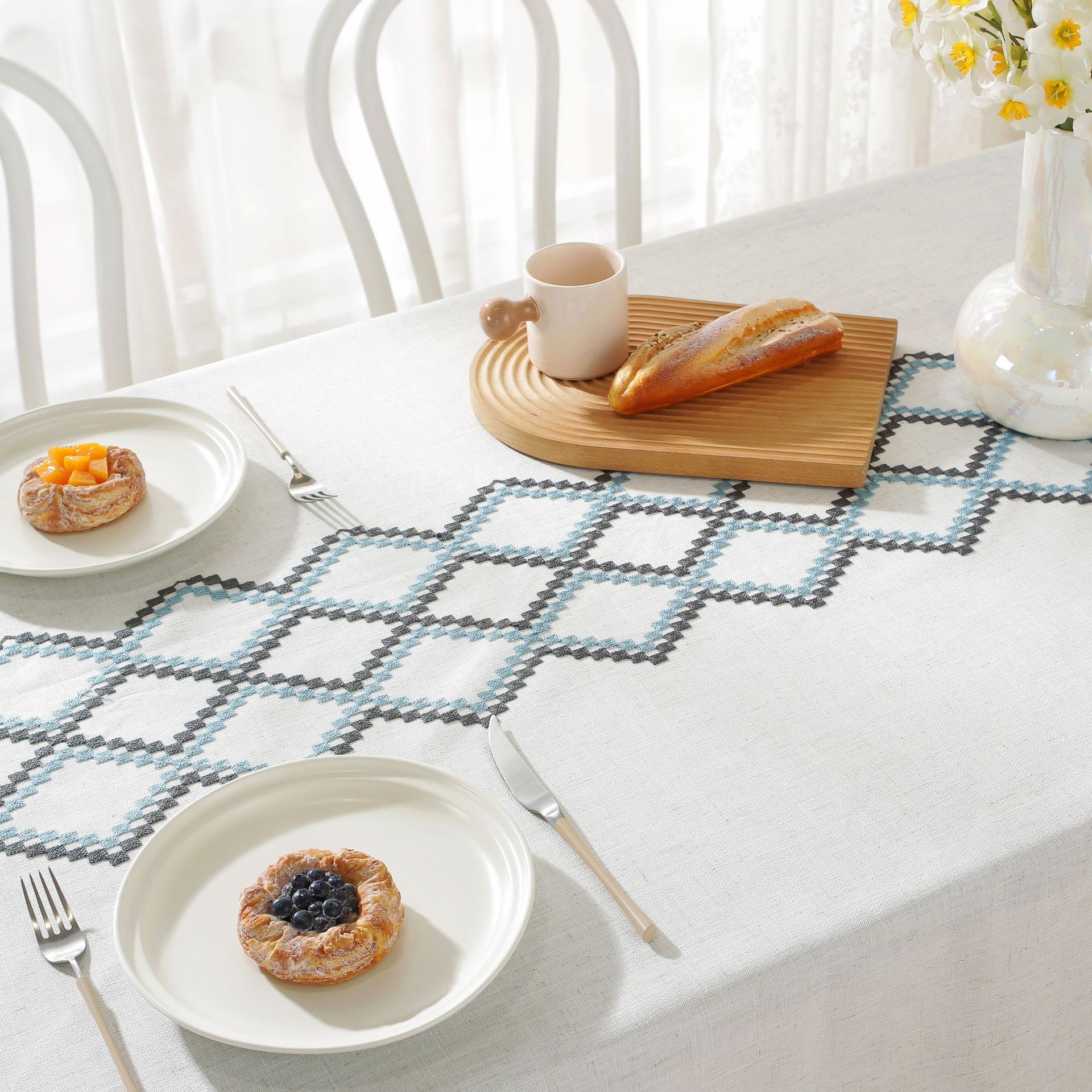 New linen embroidered cross tablecloth, solid color tablecloth, coffee table pad, cotton and linen decorative table, ins style bestseller, rectangular pic 2