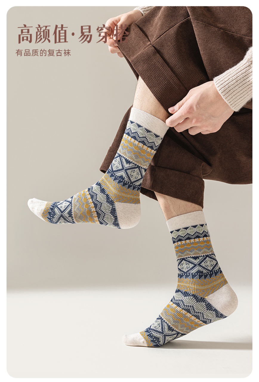 男士秋冬中筒袜英伦风民族风双针双路手工无骨缝头袜子公园详情2