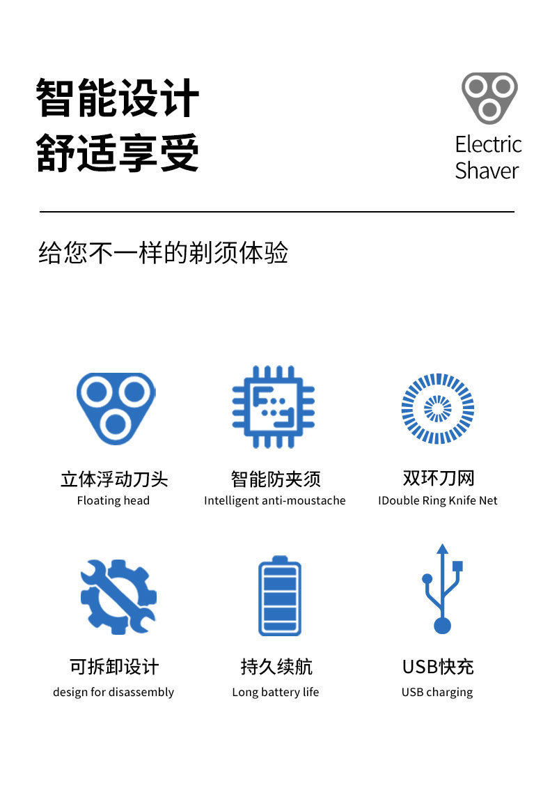 2023新款防水智能剃须刀电动浮动刮胡刀USB车载充电款胡须刀批发详情2