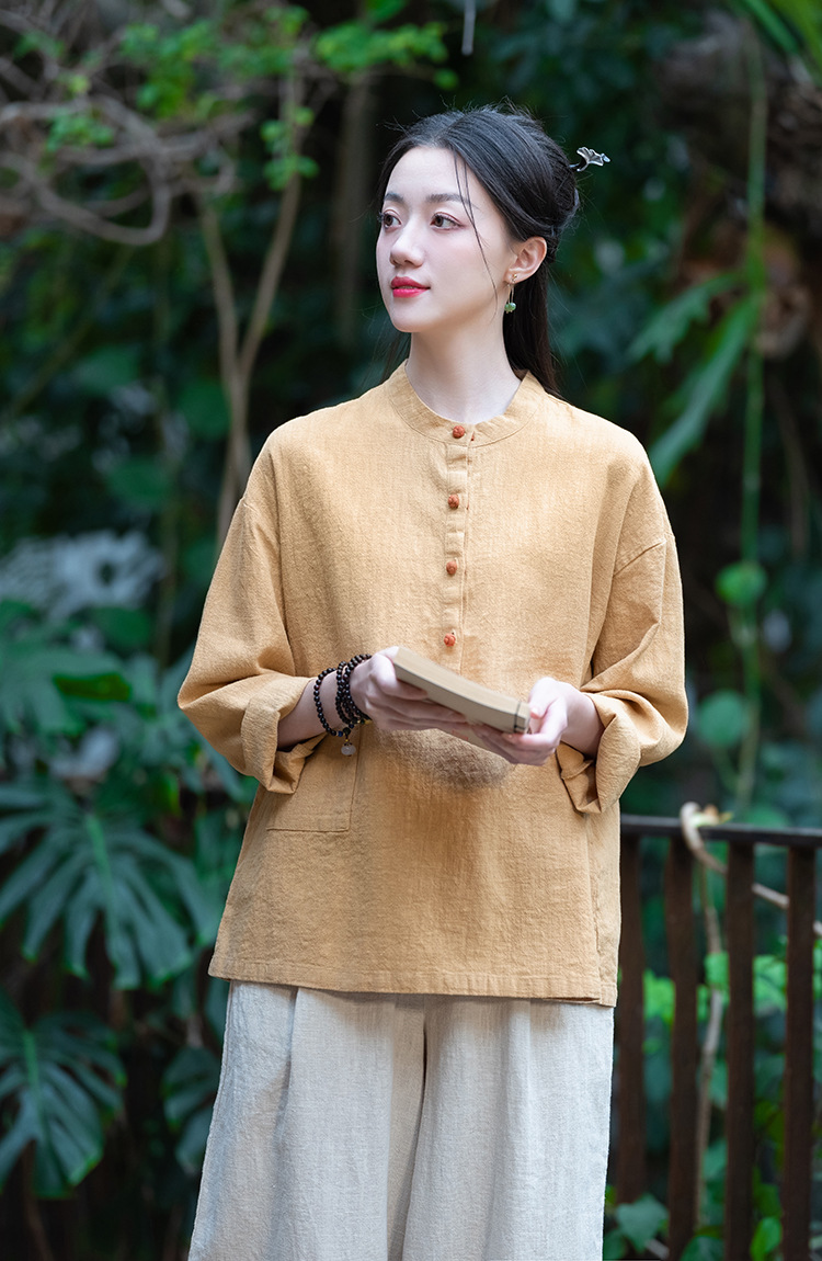 2024春夏棉麻女装新品亚麻立领拼色盘扣套头大码上衣女式棉麻衬衫详情46