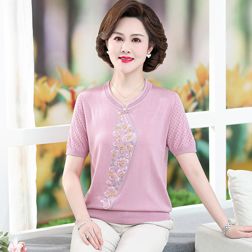 妈妈夏装针织短袖T恤衫中年妇女纯色上衣中老年人洋气翻领打底衫详情22