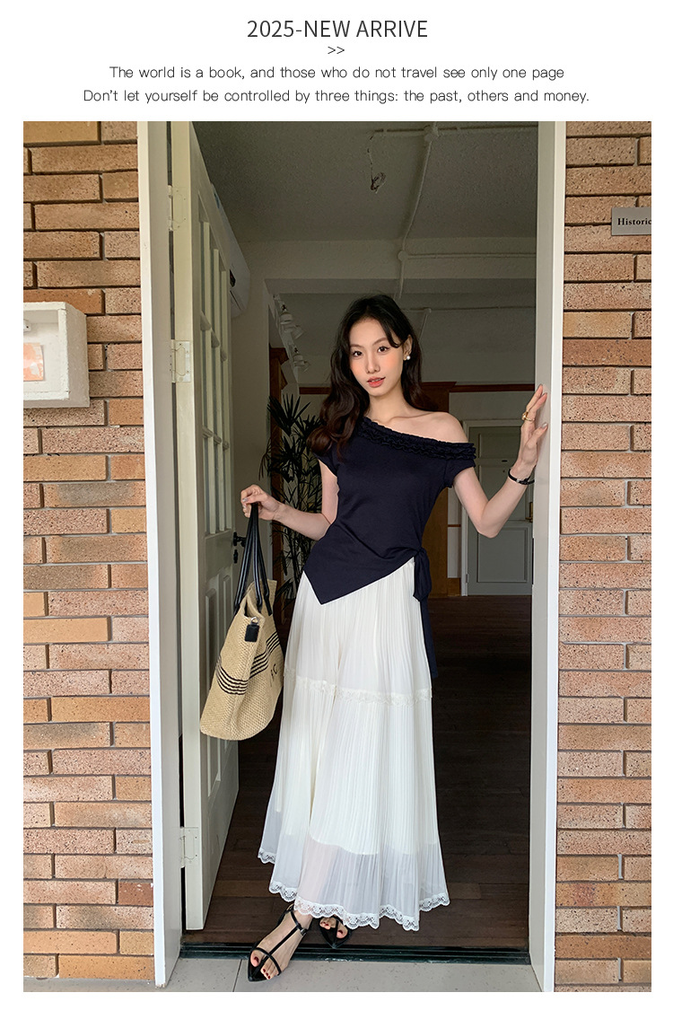 爱西里2025夏季减龄甜美拼木耳花边斜肩下摆不规则短袖T恤女13835详情14