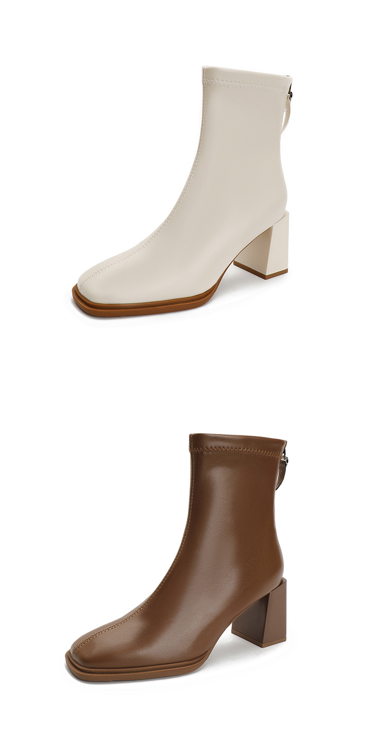 法式高跟短靴2023年新款粗跟时装靴子软皮白色春秋单靴方头瘦瘦靴详情7