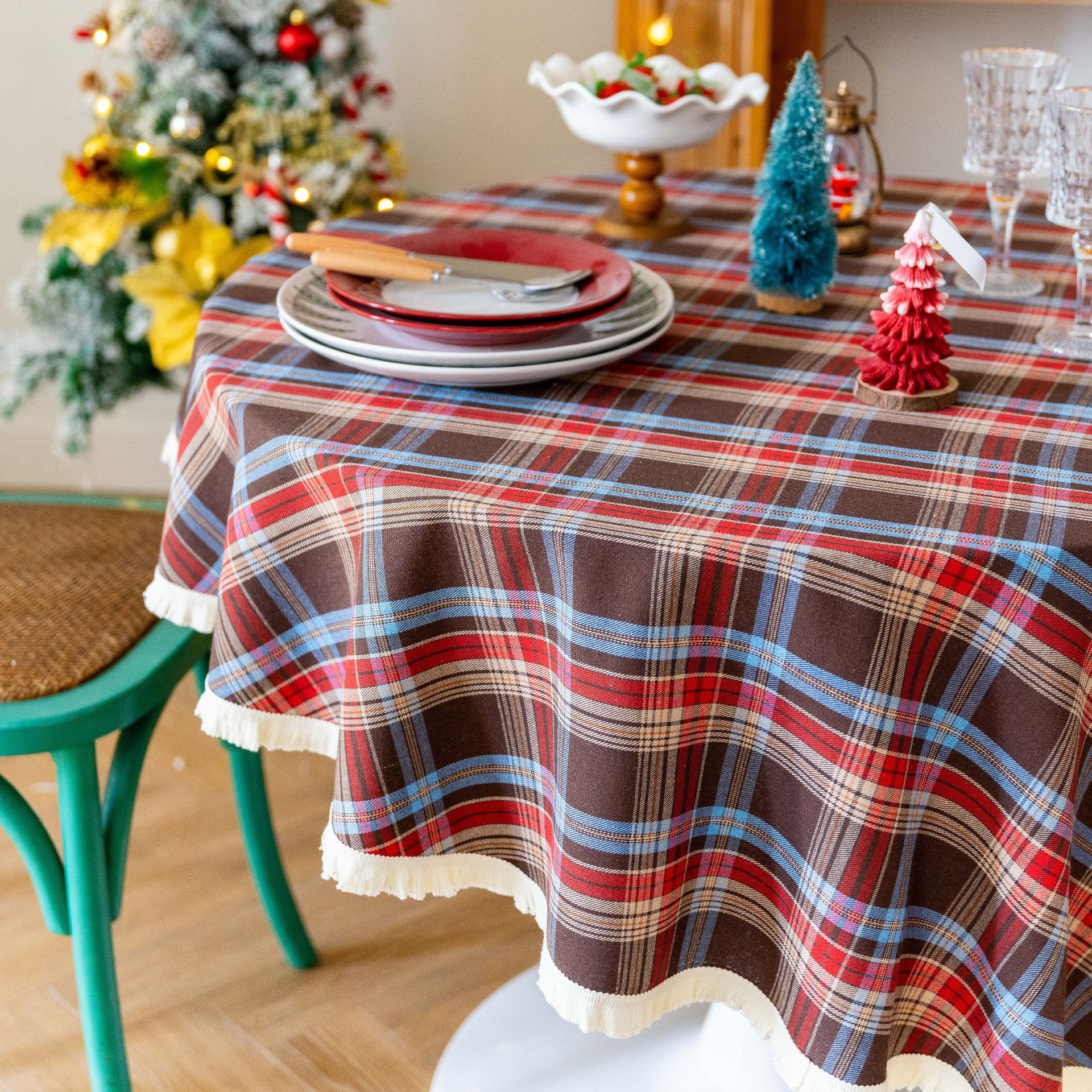 Tablecloth, coffee table, cotton and linen decorative table, ins style best-selling rectangular retro dining table, festive red Christmas checkered pic 30