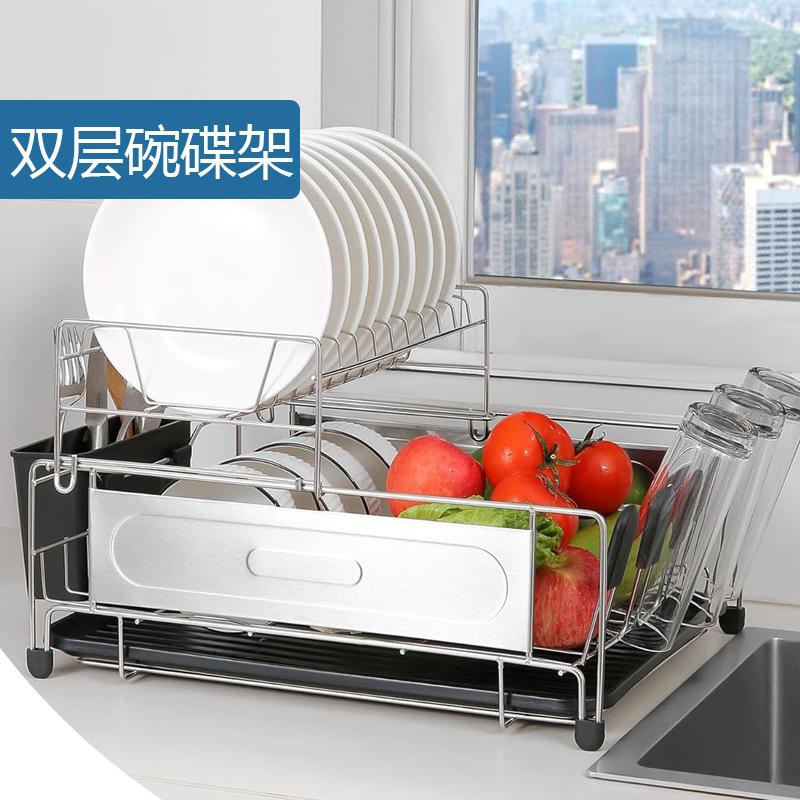 特惠现货不锈钢碗碟沥水架一件代发厨房双层置物架子kitchen rack详情4