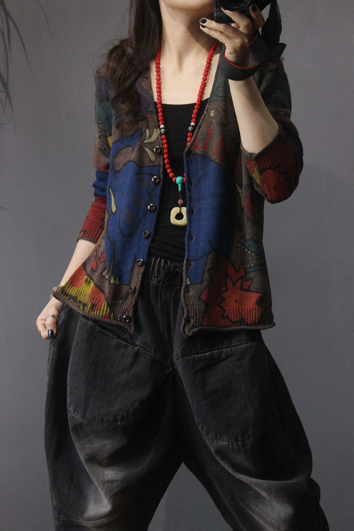 Spring 2021 new printed knitted cardigan for women, retro ethnic style, loose, large-sized, slimming long-sleeved top pic 13