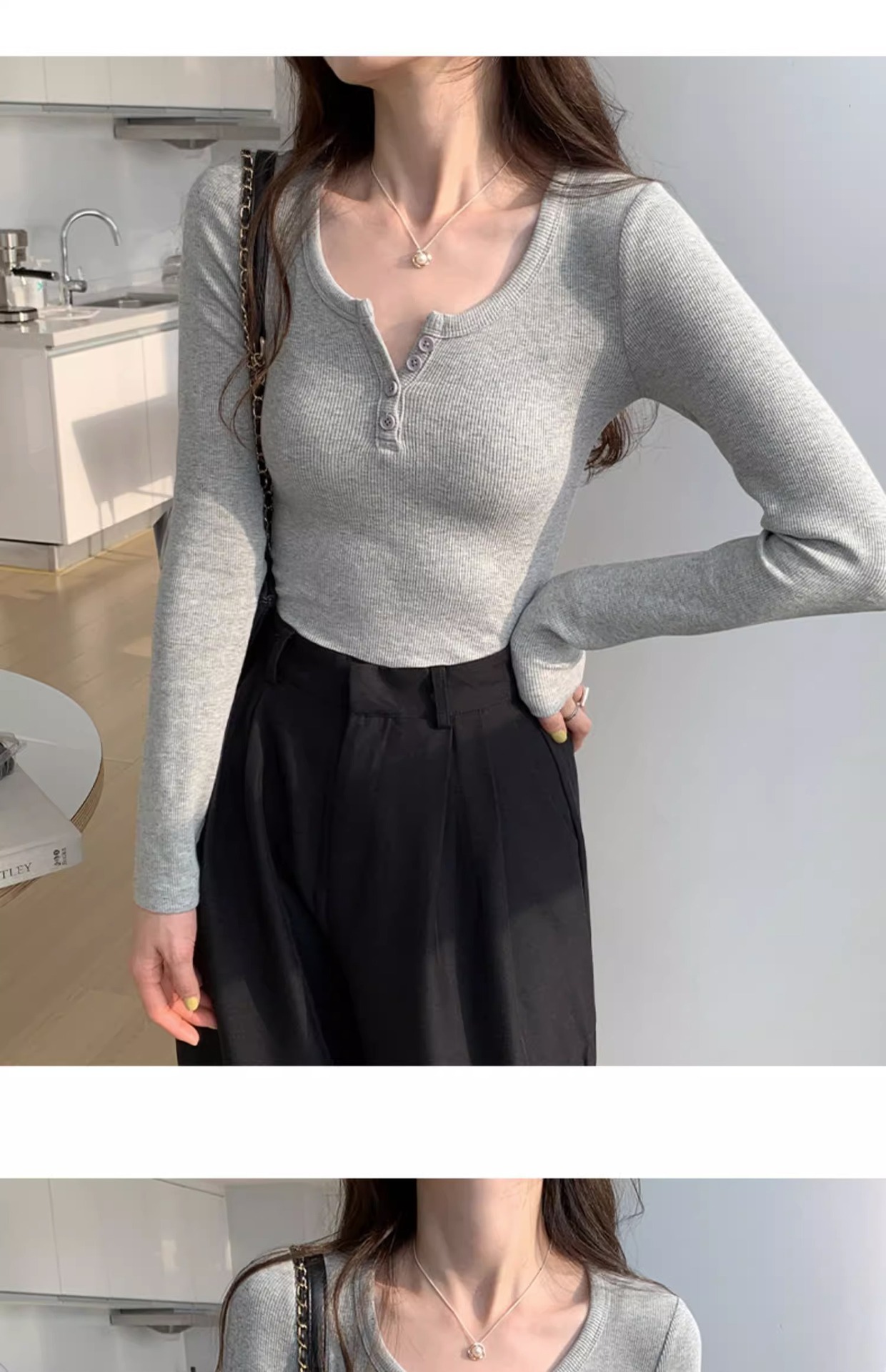 白色长袖t恤女2023秋装新款女装内搭上衣正肩体恤螺纹V领打底衫详情12